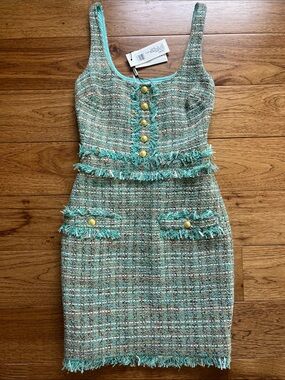 L'AGENCE Mint Tweed Mini Dress with Gold Buttons